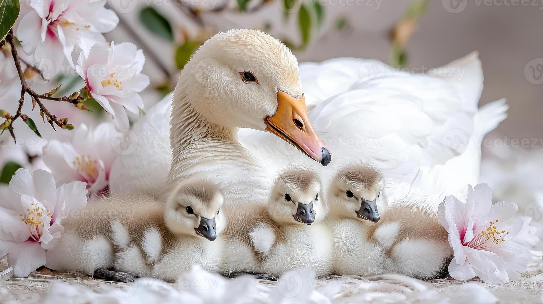 Adorable White Goose Mother Protecting Three Fluffy Goslings Nestled Among Delicate Spring Blossoms photo