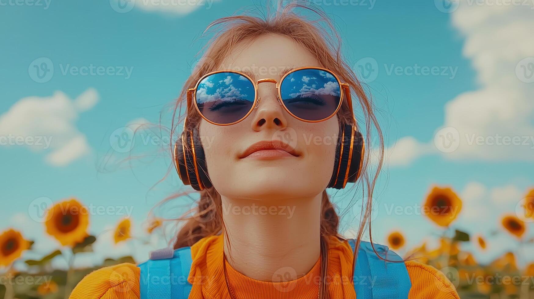 Peaceful Young Woman Listens to Music in a Sunflower Field on a Sunny Day Wearing Headphones and Sunglasses photo