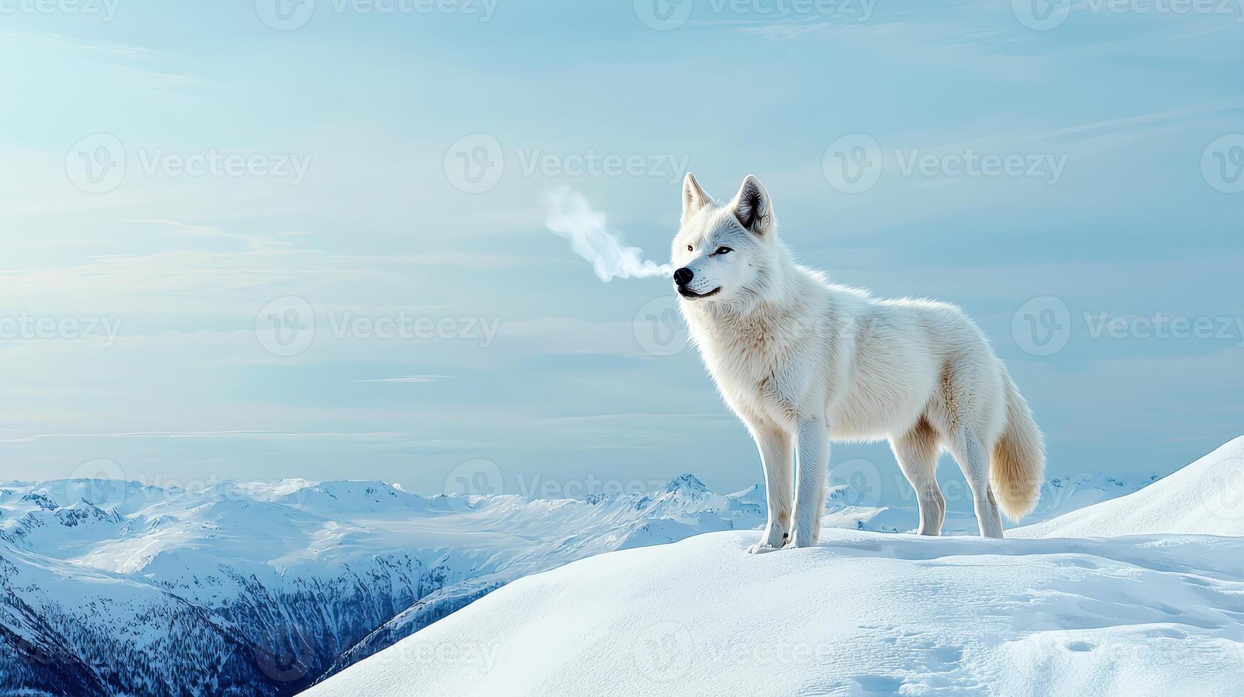 Majestic Arctic Wolf on Snowy Mountain Peak Breathtaking Winter Landscape photo