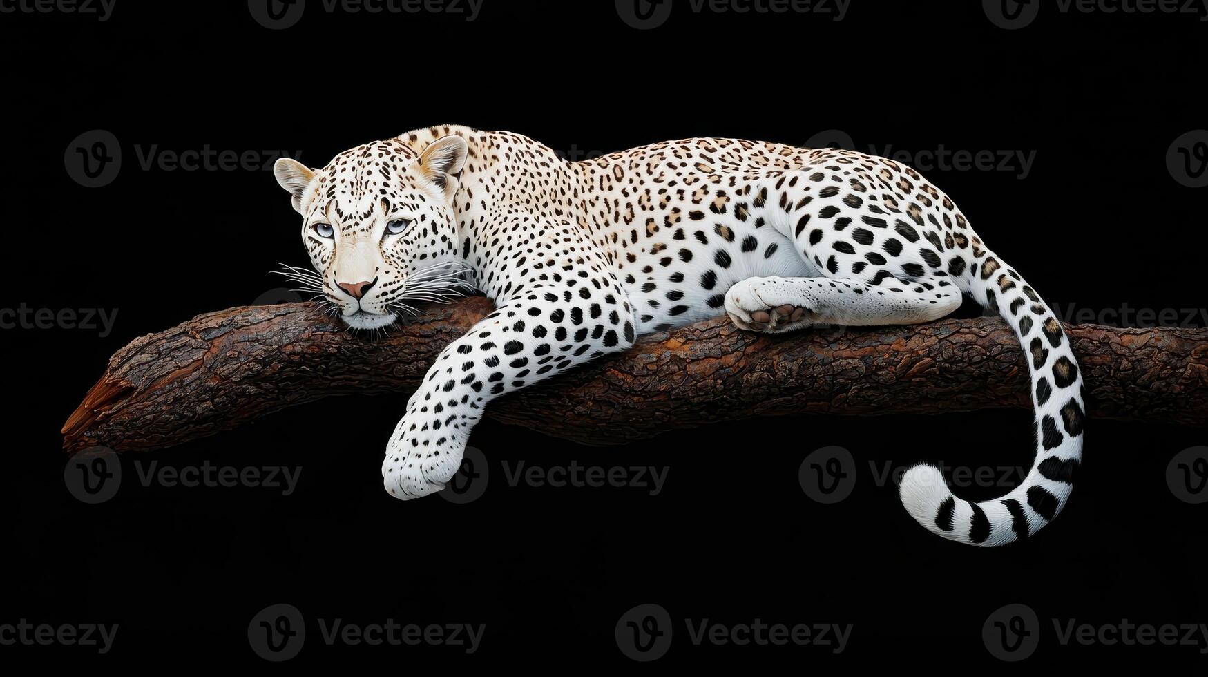 Majestic White Leopard Resting on a Branch Against a Black Background Wildlife photo