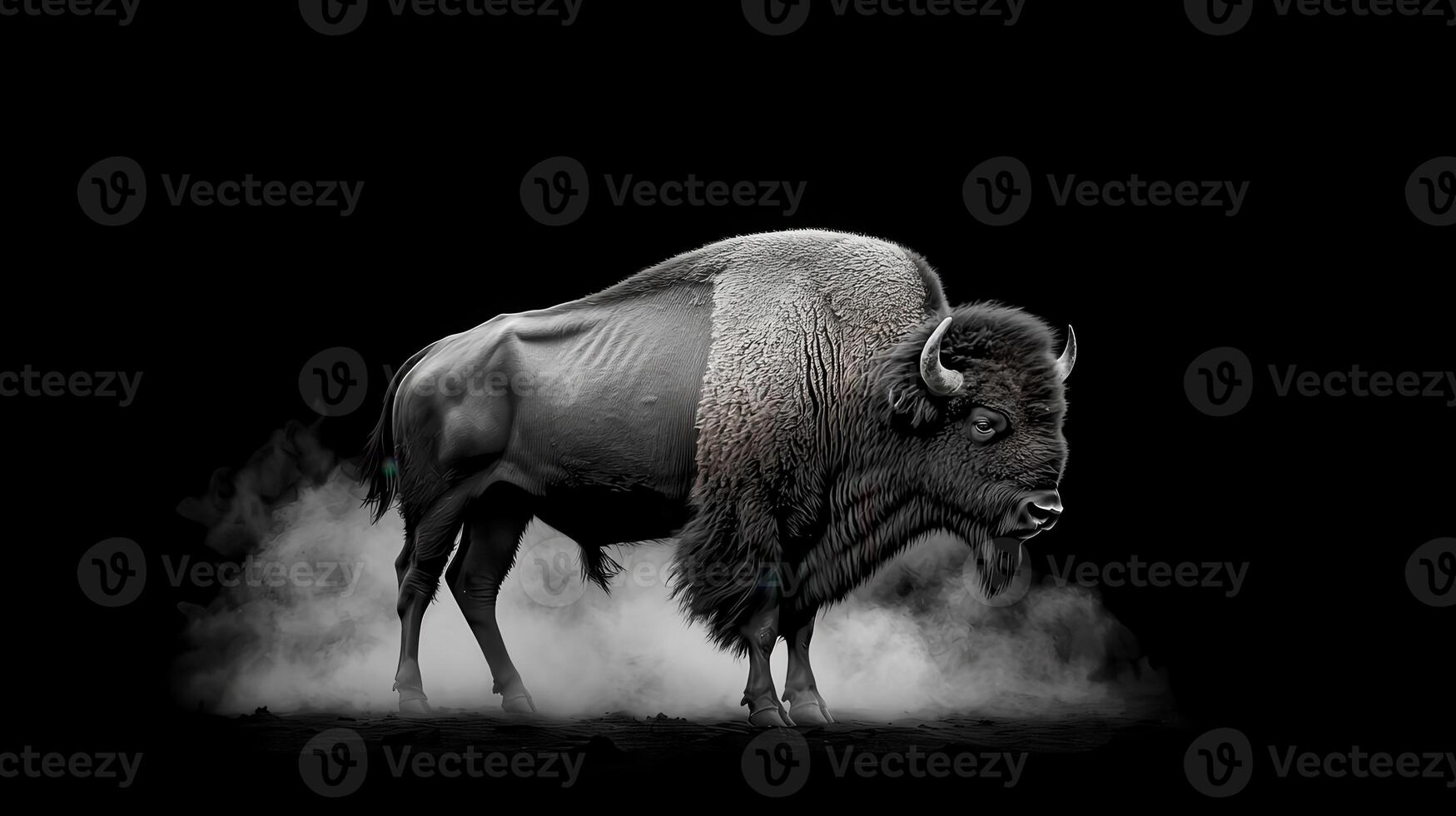 Majestic American Bison Bull Standing in Fog Dramatic Black and White Wildlife photo