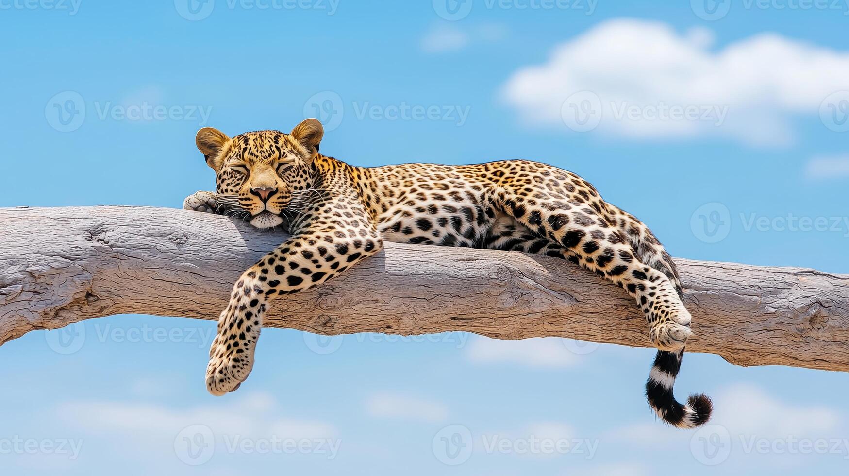 Serene Leopard Resting on a Branch Against a Blue Sky with Clouds photo