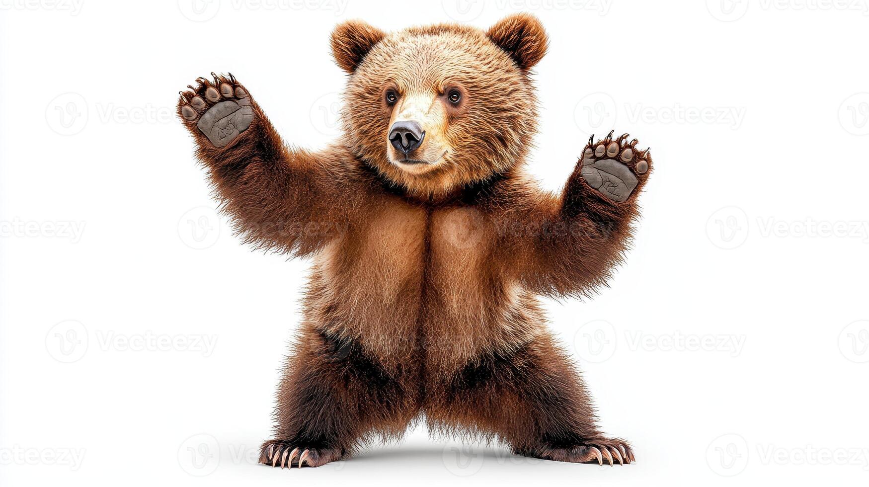 Adorable Brown Bear Cub Standing on Two Legs Raising Paws Up High in Studio photo
