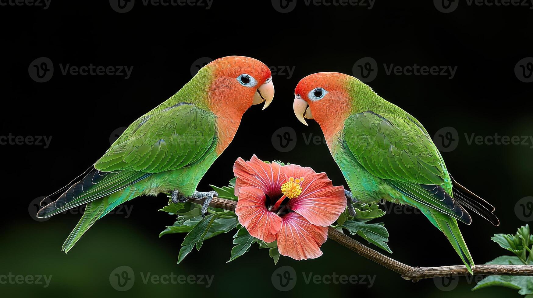 Two Rosy faced Lovebirds Perched on Branch with Hibiscus Flower A Pair of Green and Red Lovebirds near a Vibrant Blossom photo