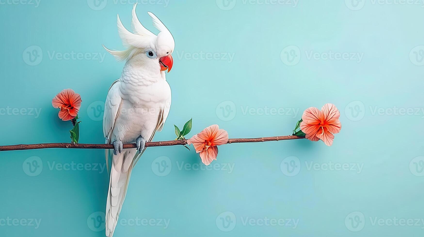 White Cockatoo Parrot Perched on Branch with Hibiscus Flowers on Pastel Blue Background Beautiful Exotic Bird photo
