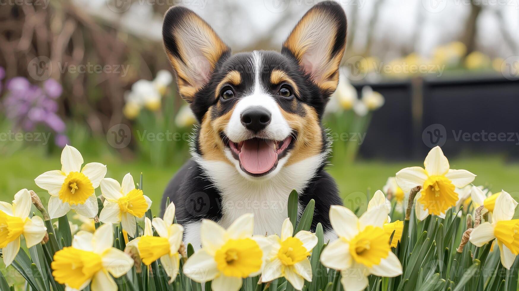 Happy Corgi Puppy Amidst Spring Daffodils in a Garden Adorable Dog in Blooming Flowers photo