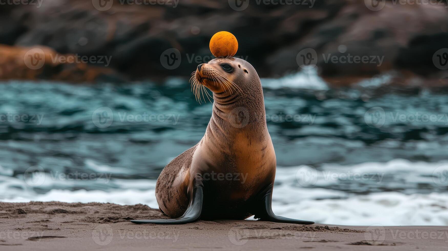 Sea Lion Balancing an Orange Ball on its Head near Ocean Waves on Sandy Beach photo