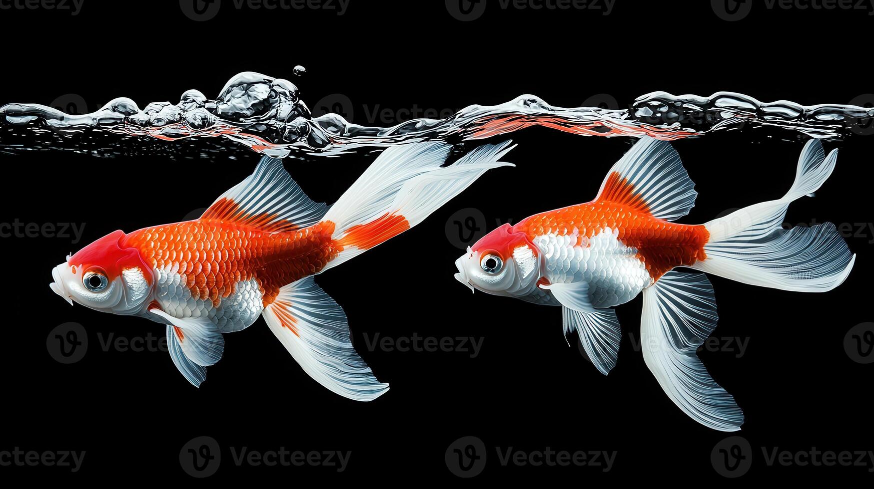 Two Elegant Red and White Koi Fish Swimming Underwater in a Black Background Perfect for aquarium or pet themes photo