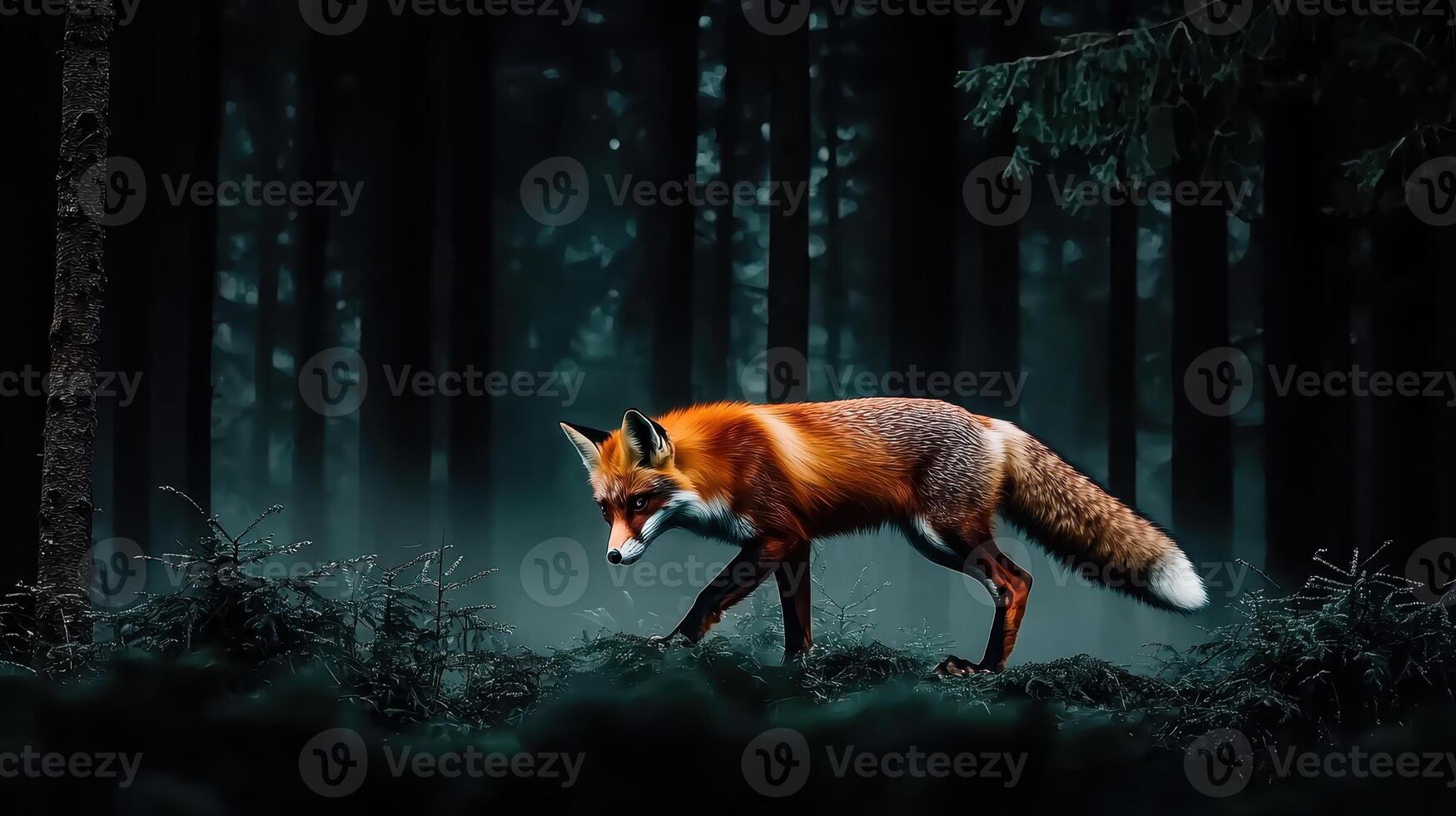 Red Fox Walking Through a Dark Mysterious Forest at Night A majestic wild animal in its natural habitat photo