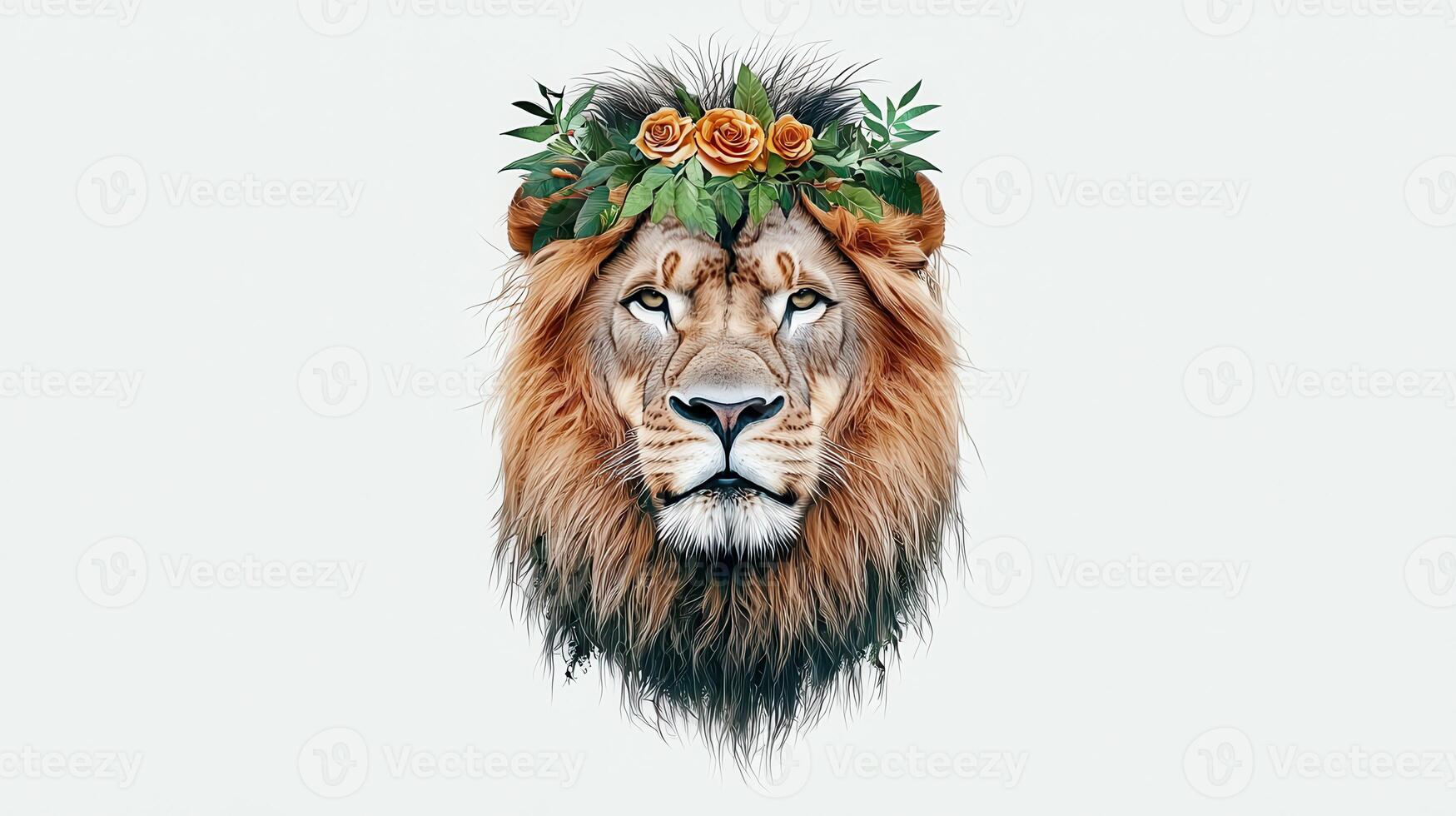 Majestic Lion Portrait with Floral Crown Beautiful Wildlife Image for Design Projects and Prints photo