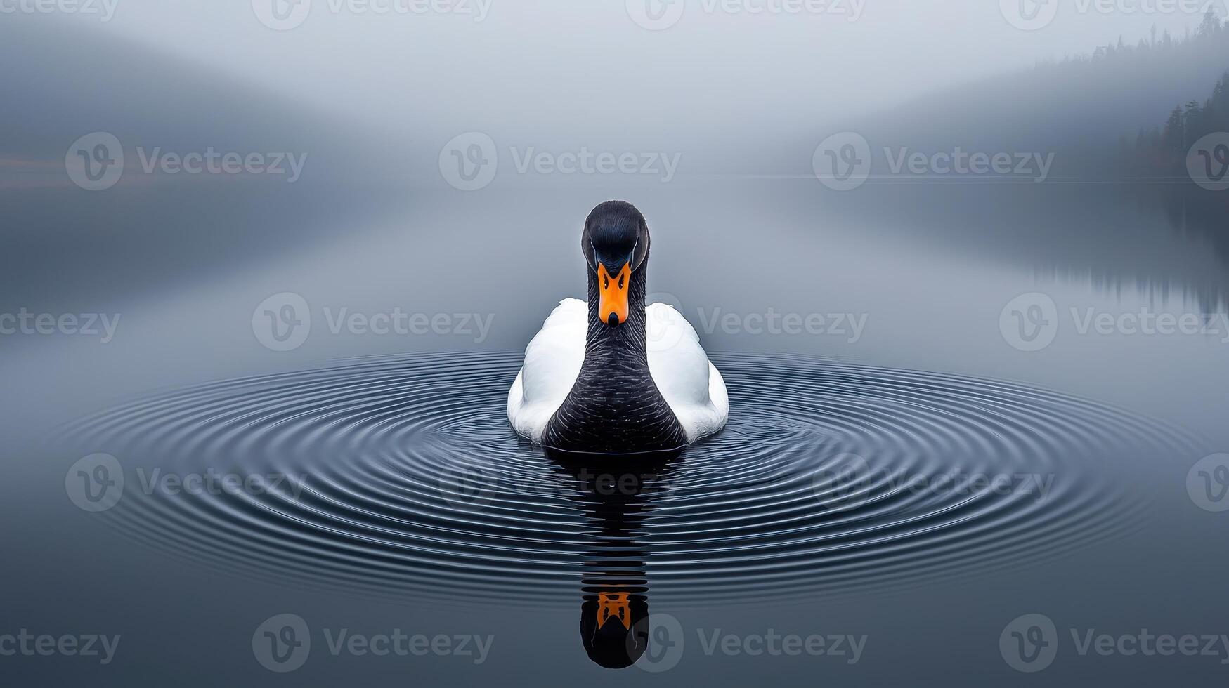 Serene Black Swan on Calm Lake Water Creating Concentric Circles in Misty Morning Landscape photo