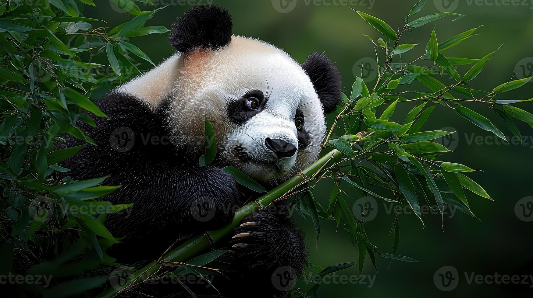 Adorable Giant Panda Cub Eating Bamboo in Lush Green Forest Habitat Wildlife Conservation Image photo