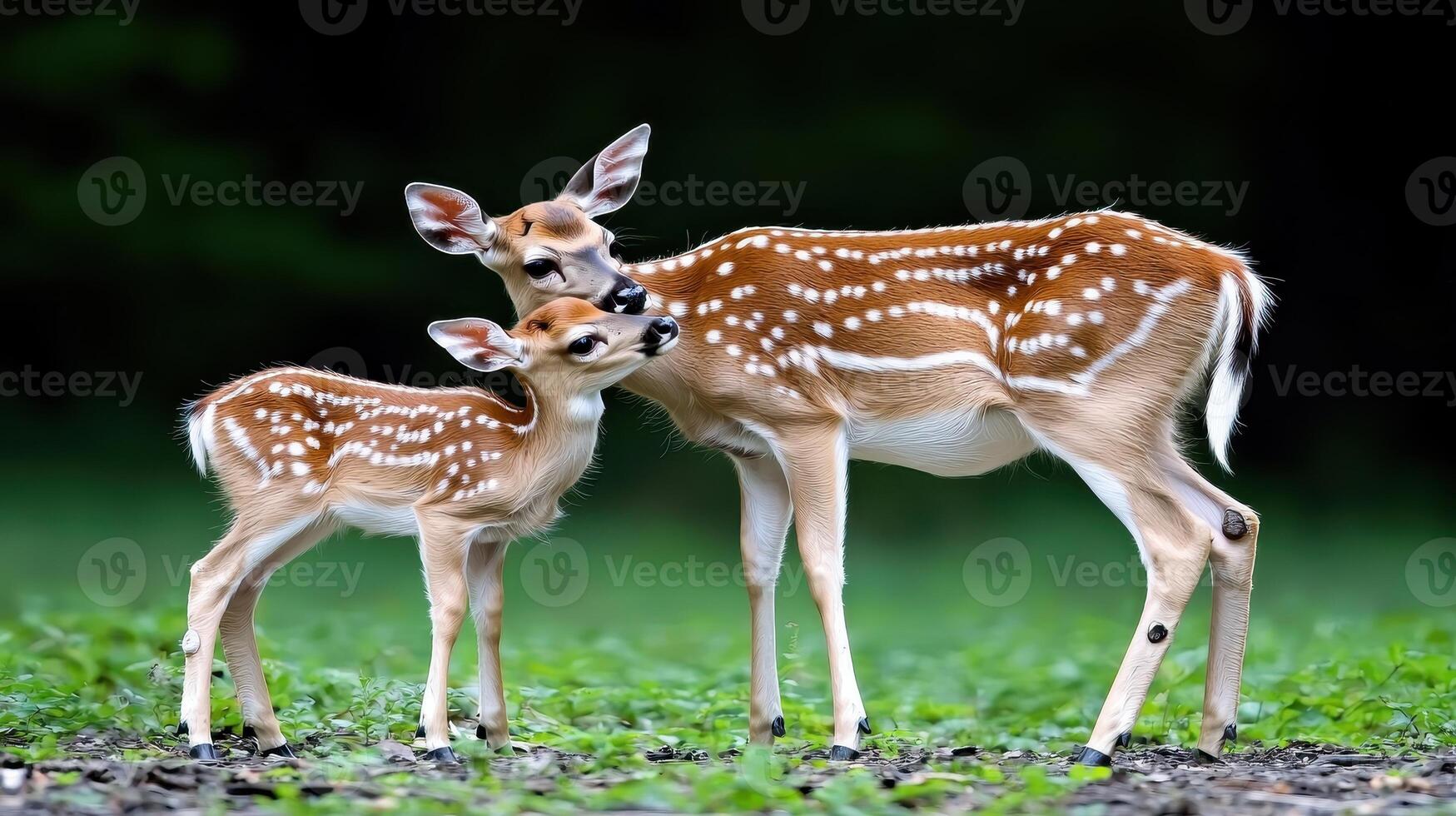 Adorable Spotted Fawn and Doe in Lush Green Forest Habitat Wildlife photo