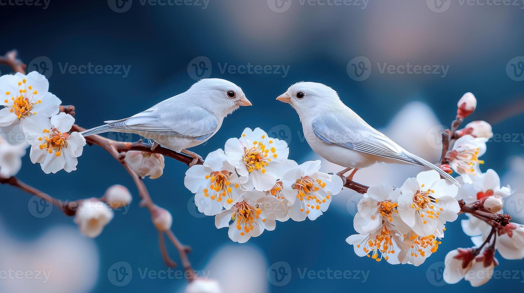 Two White Birds Perched on a Branch of Delicate White Blossoms Springtime Nature Scene photo