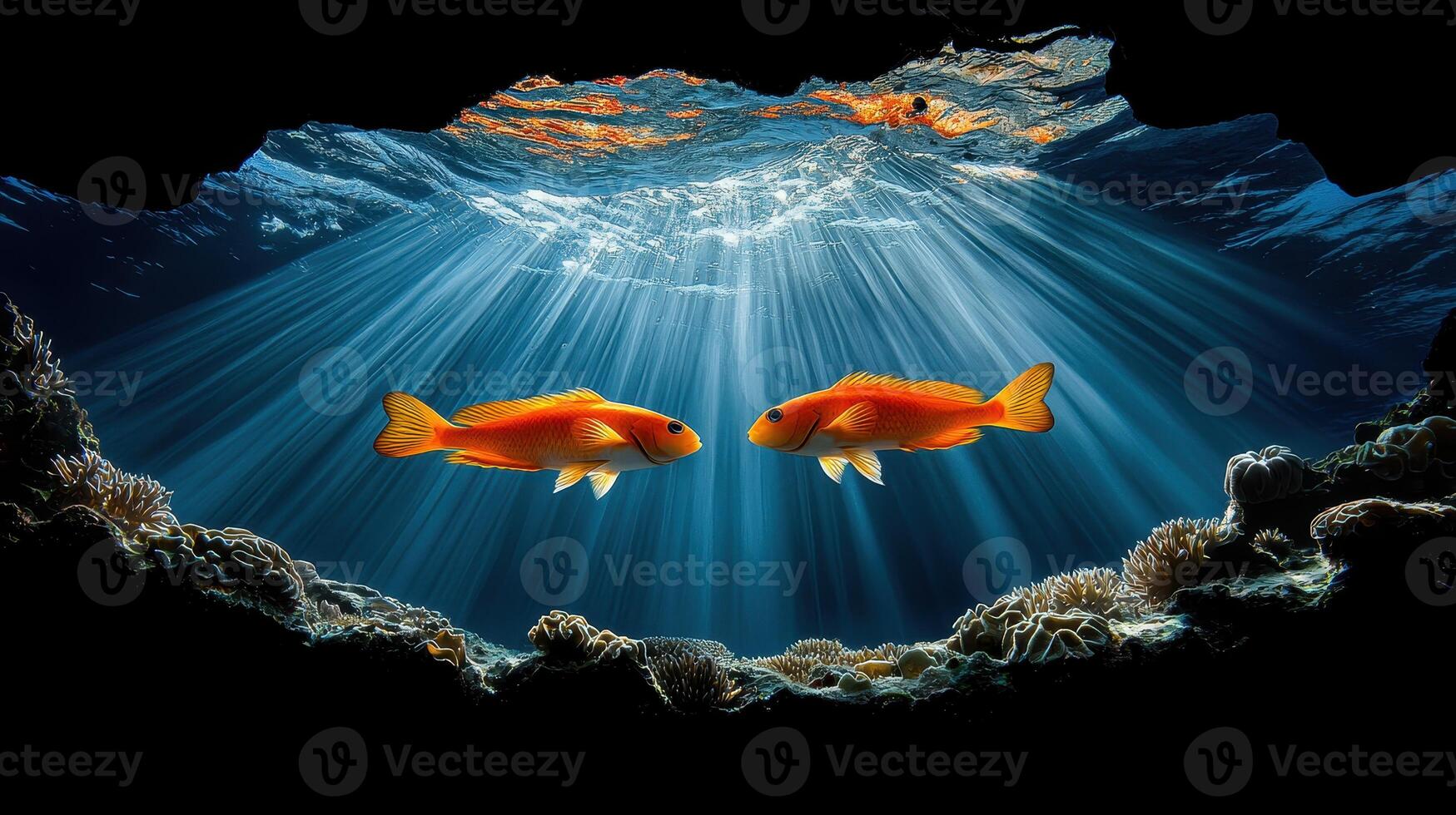 Two Orange Fish Underwater Scene Sunbeams Coral Reef Ocean Life Aquatic Wildlife photo