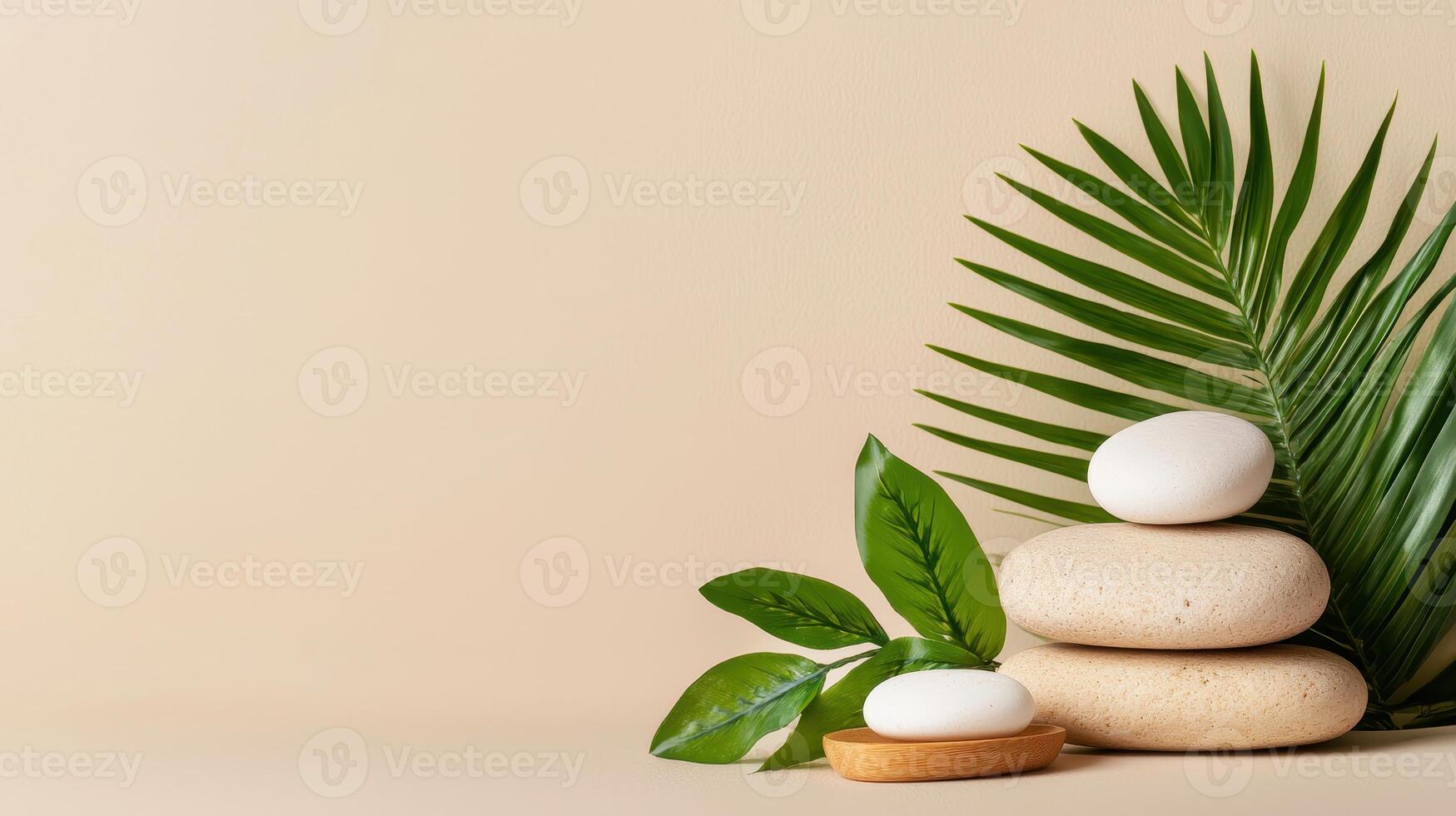 Serene Spa Scene Stacked Stones and Lush Green Leaves on Beige Background Perfect for Wellness and Relaxation Concepts photo