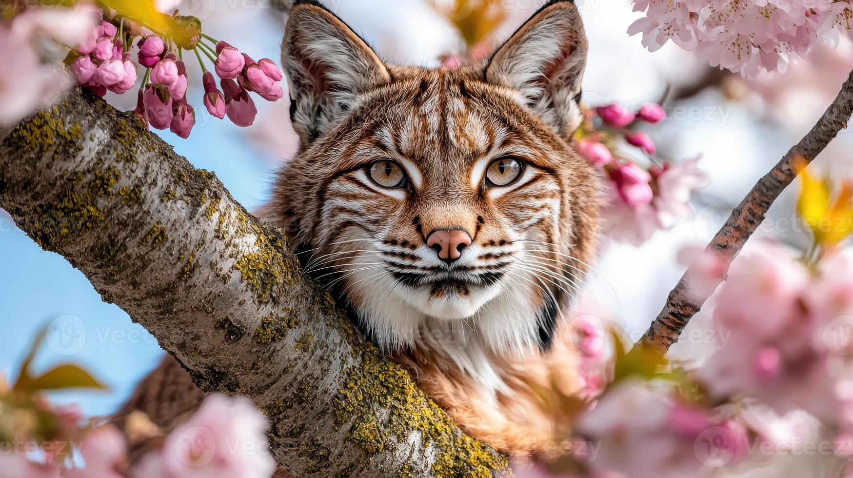 Majestic Bobcat in Springtime Blossom Wildlife Portrait Beautiful Wildcat among Cherry Blossoms photo