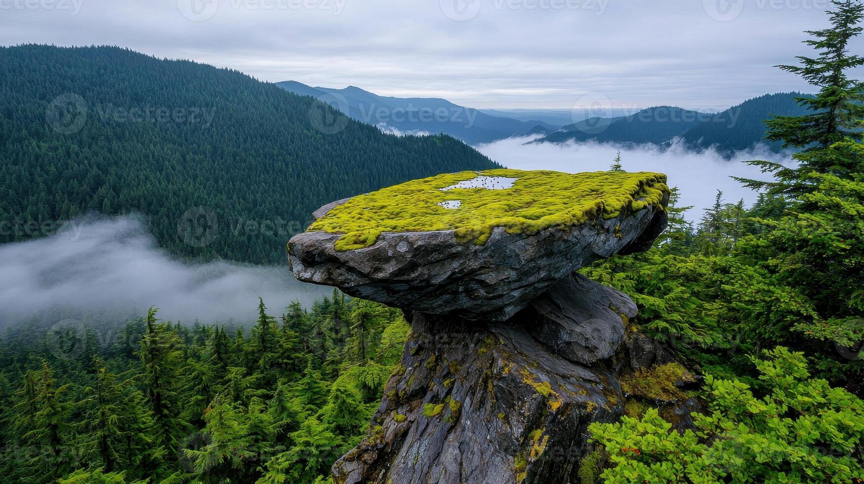 Majestic Mossy Rock Formation Overlooking Foggy Mountain Valley Landscape Breathtaking Nature Scene photo