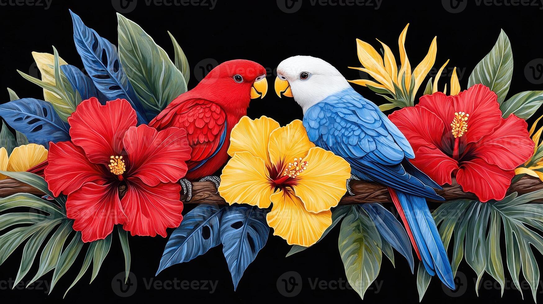 Vibrant Red and Blue Parrots Perched on Branch Amidst Lush Tropical Hibiscus Flowers photo