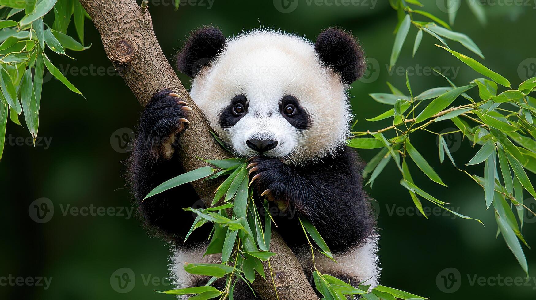 Adorable Baby Panda Cub Eating Bamboo on a Tree Branch in a Lush Green Forest Habitat photo