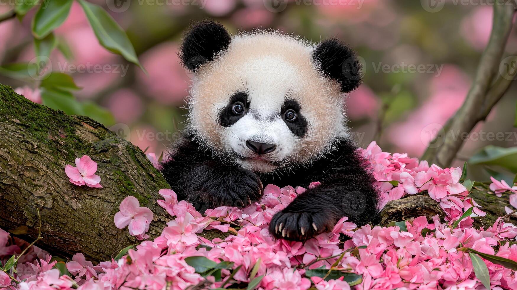 Adorable Baby Panda Cub Amidst Delicate Pink Blossoms in Springtime A Precious Moment Captured in Nature photo