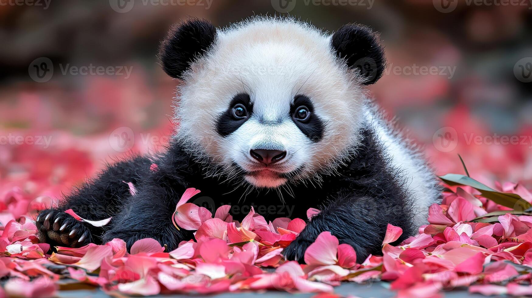 Adorable Baby Panda Cub Amongst Pink Petals A Cute Wildlife Image Perfect for Nature and Animal Lovers photo