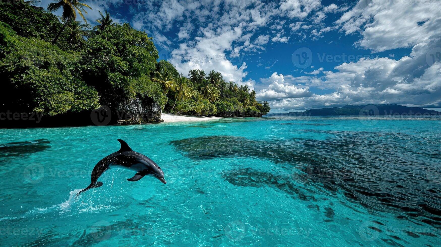 Dolphin leaping in turquoise ocean near tropical island beach with palm trees a stunning summer seascape photo