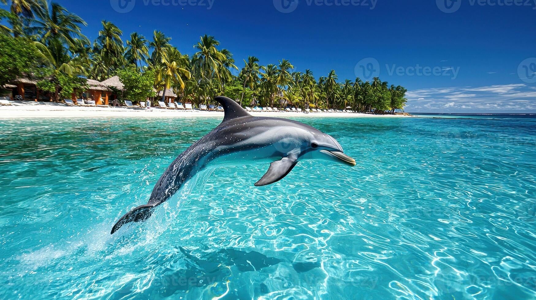 A playful dolphin leaps from the turquoise water near a tropical beach with palm trees A perfect summer vacation image photo