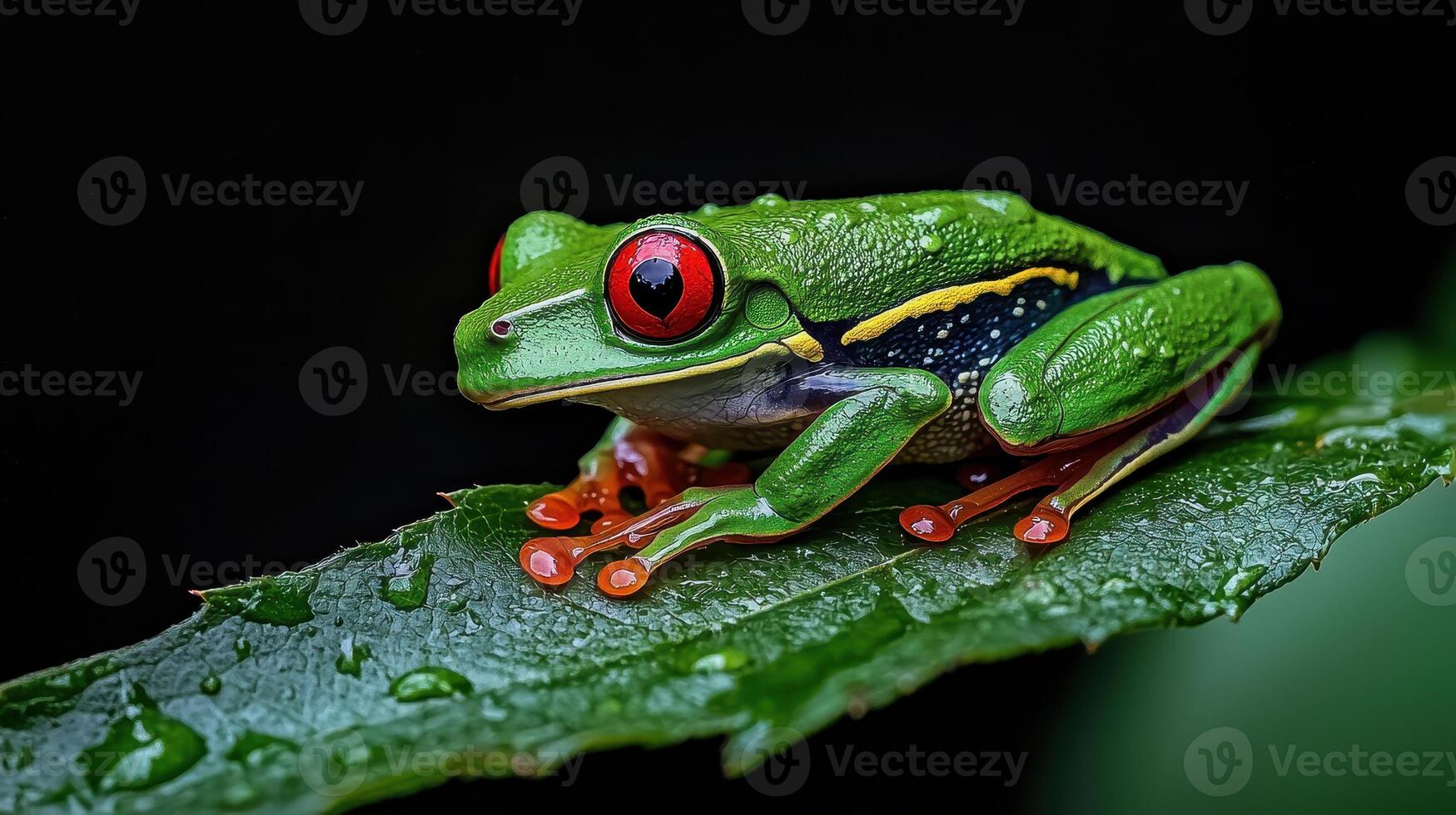 Vibrant Red Eyed Tree Frog on Dew Covered Leaf in Rainforest A Close Up Macro Photograph of Amphibian Wildlife photo
