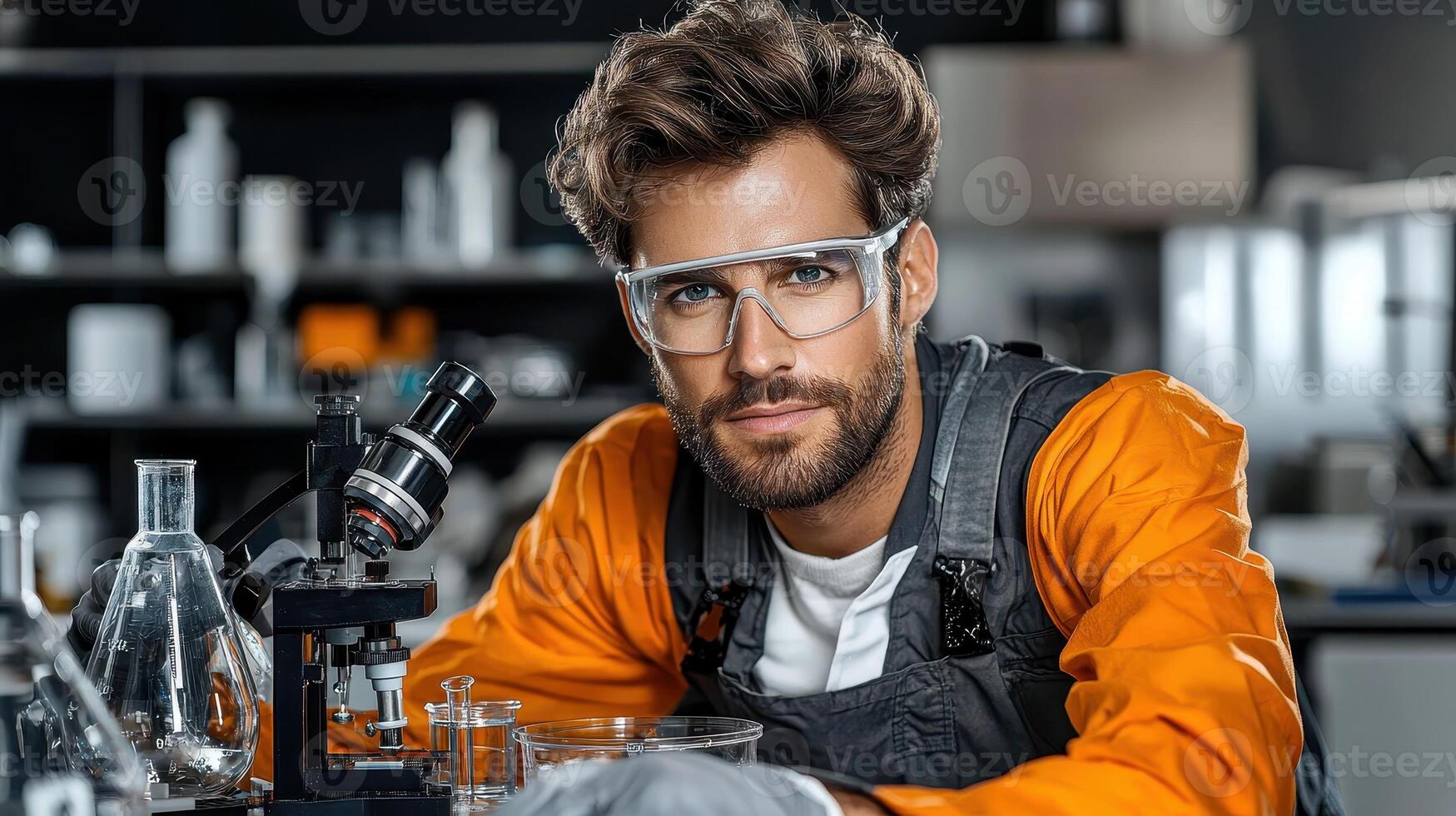 Confident Male Scientist Working in a Modern Laboratory Using Microscope and Beaker photo