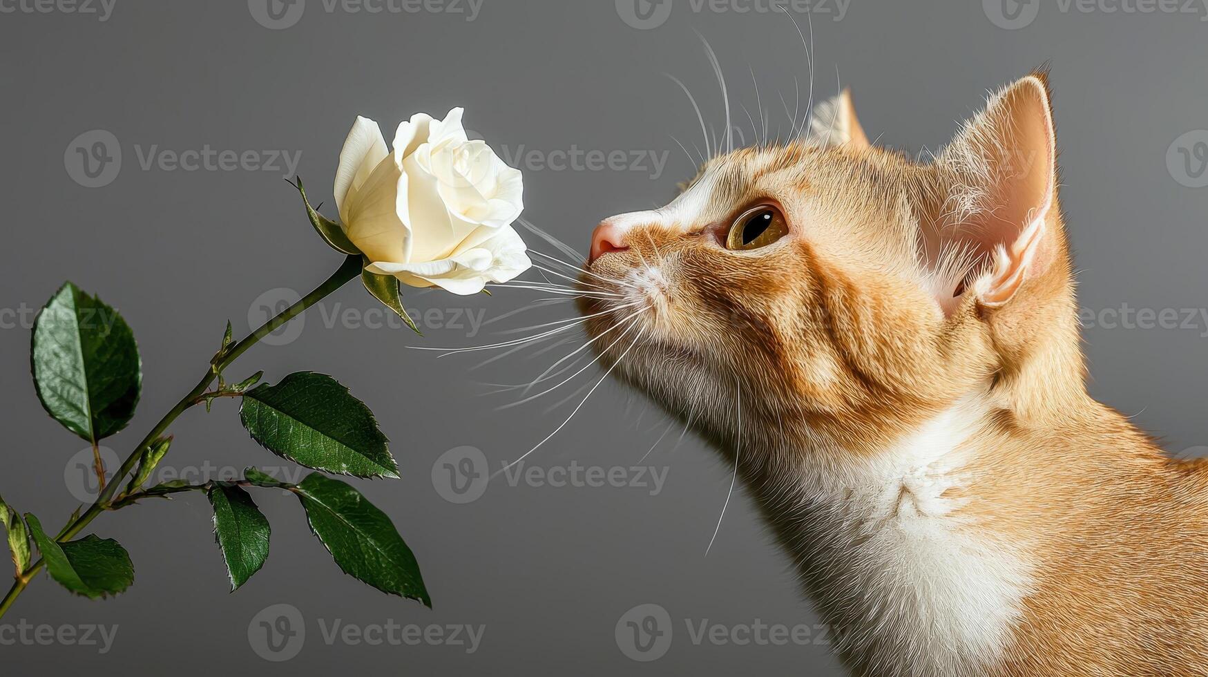 Adorable ginger kitten sniffing a delicate white rose flower closeup studio shot photo