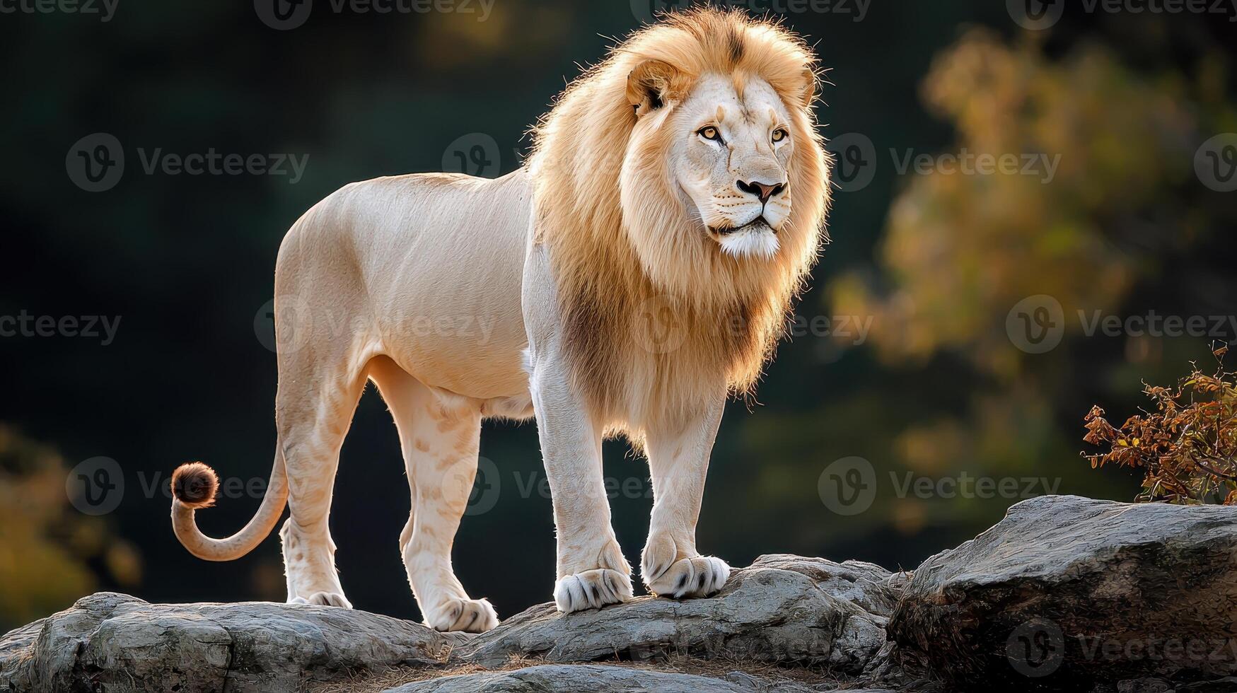 Majestic Male Lion Standing on Rocks at Sunset Golden Hour Wildlife photo