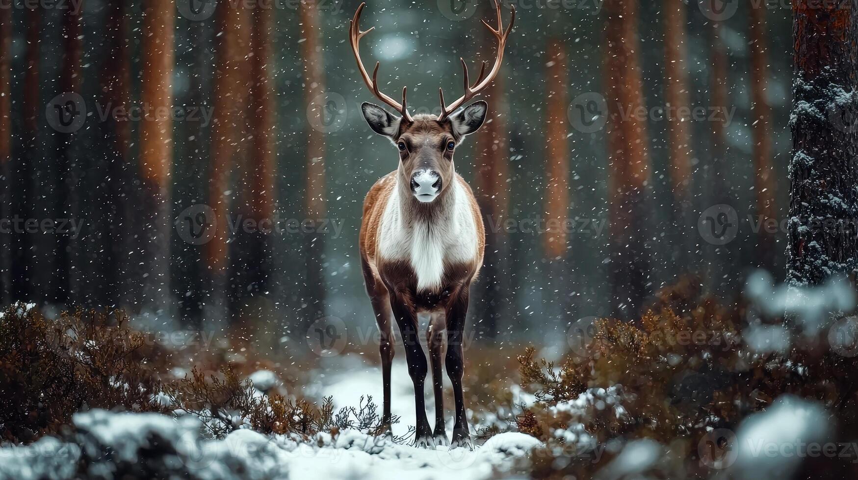 Majestic Reindeer in Snowy Winter Forest during Snowfall A stunning wildlife image photo