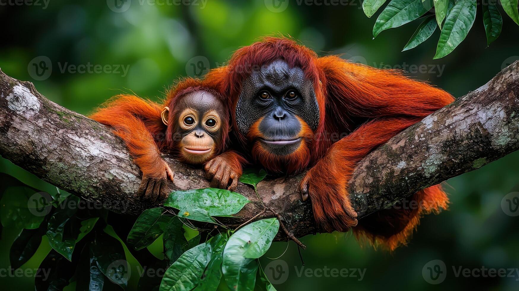 Adorable Orangutan Mother and Baby Resting on a Lush Green Tree Branch in a Tropical Rainforest Habitat photo