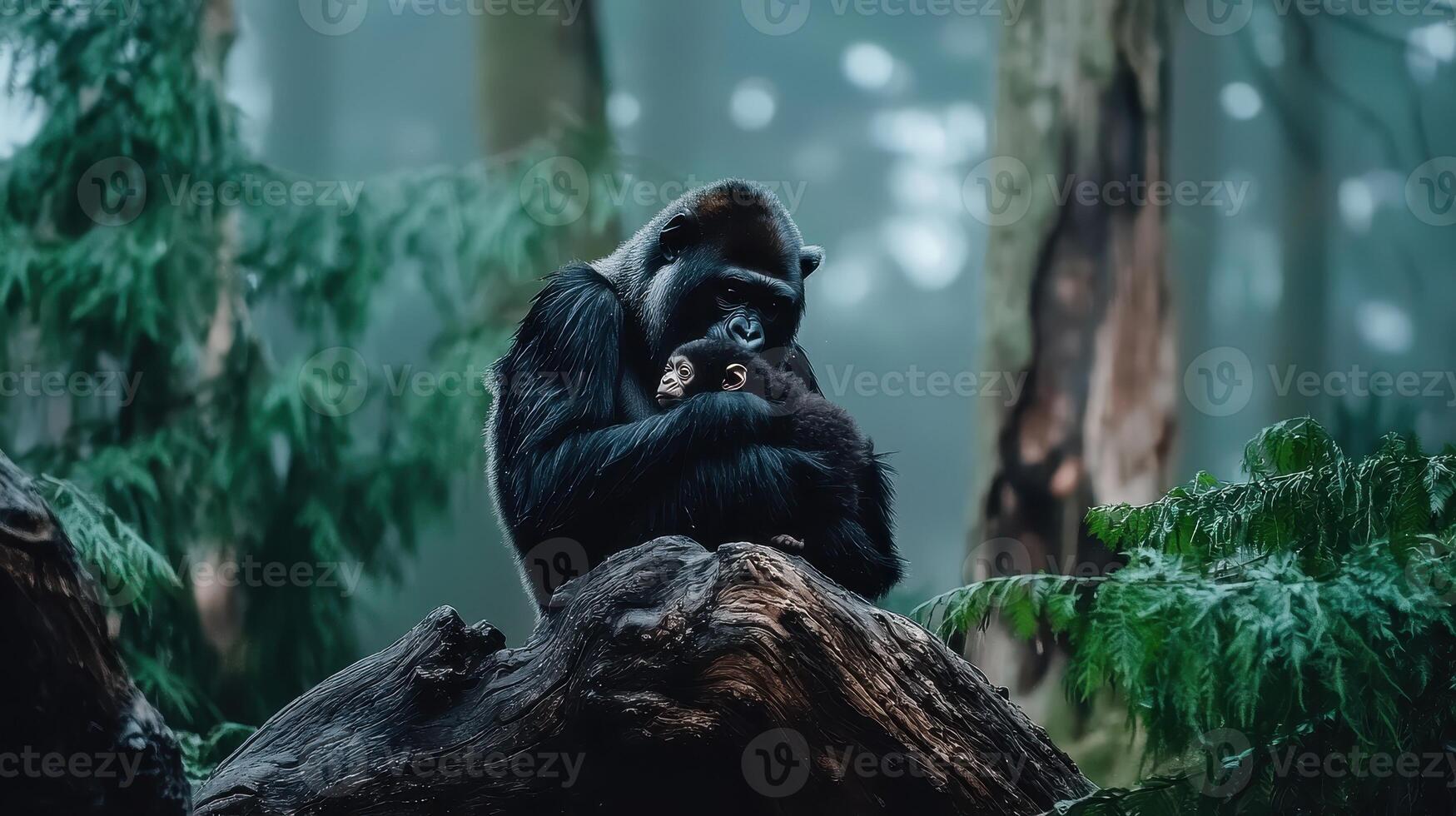 Gorilla Mother Tenderly Protecting her Baby in a Lush Green Forest A heartwarming wildlife scene photo