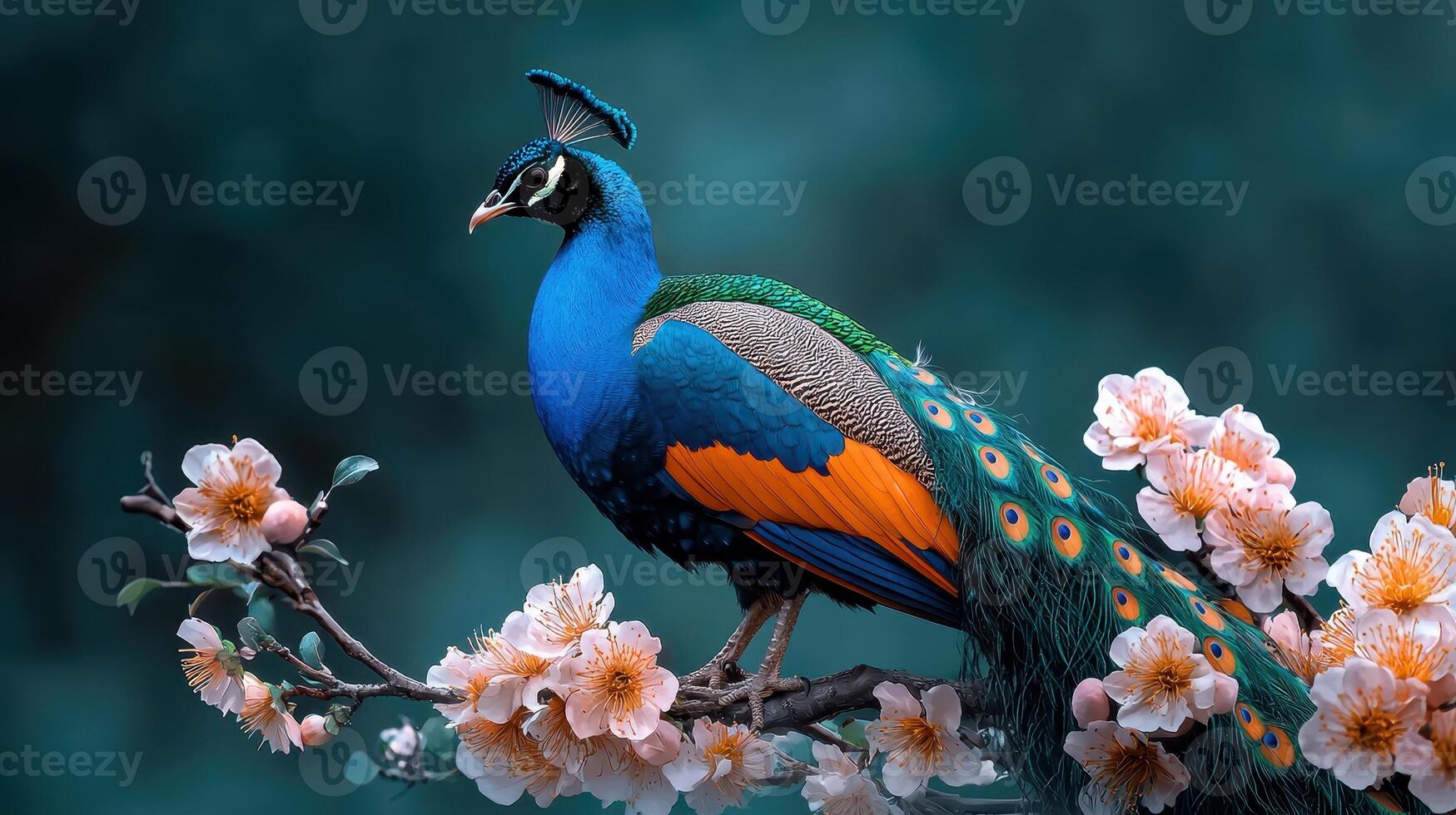 Majestic Indian Peacock Perched on a Blooming Peach Tree Branch A Vibrant Wildlife Image photo