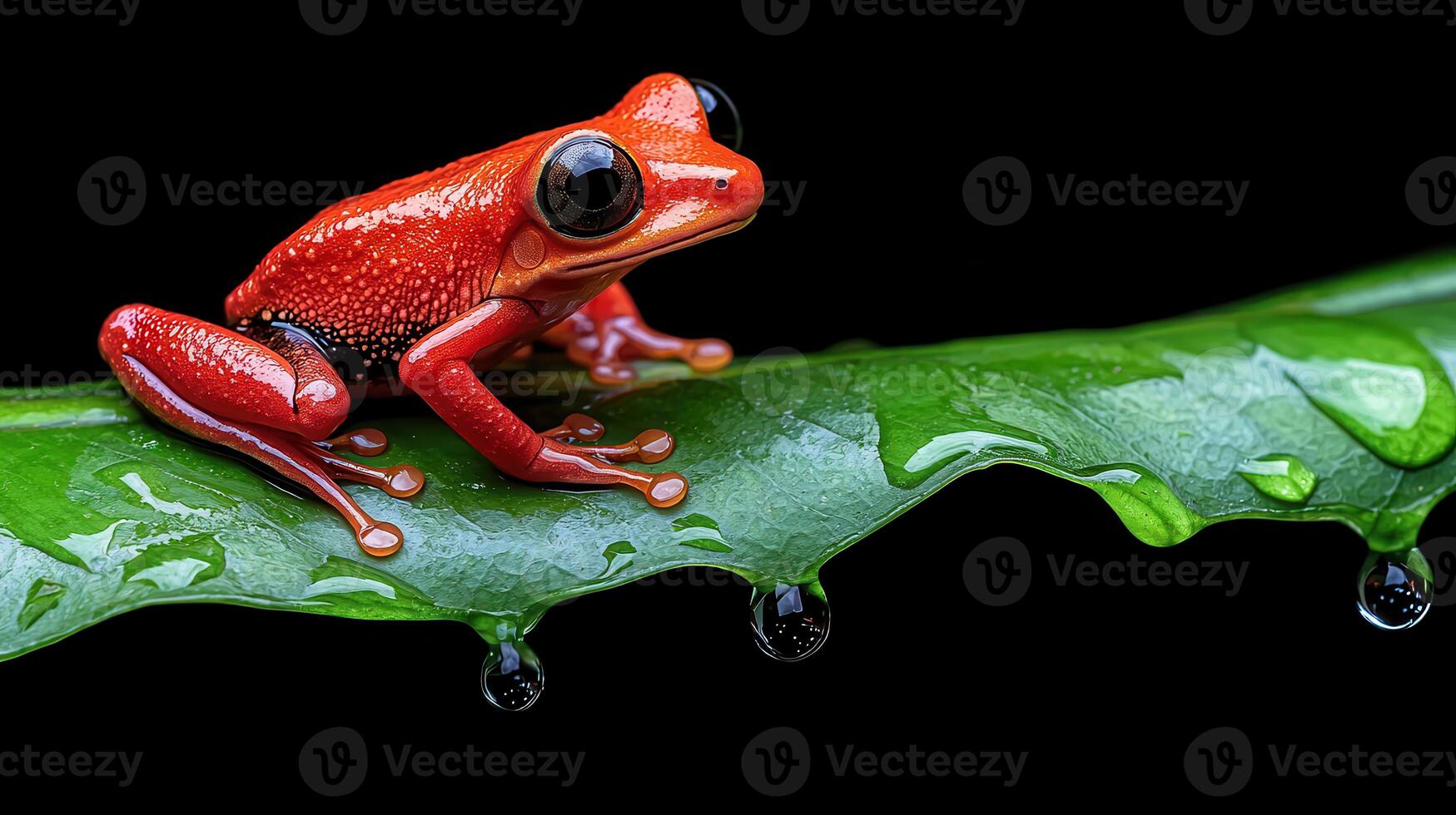 Vibrant Red Frog on Dew Covered Leaf in RainforestClose up Macro Wildlife Nature photo