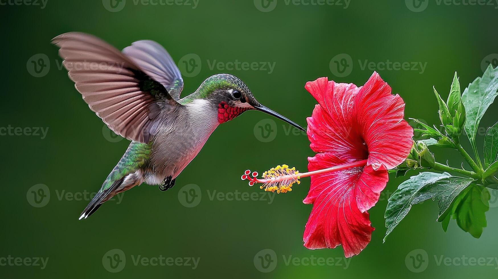 Hummingbird in Flight Gracefully Feeding on a Vibrant Red Hibiscus Flower photo