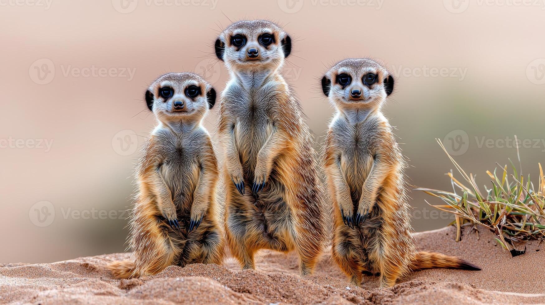 Three Meerkats Standing Together in the Desert Sand Wildlife photo