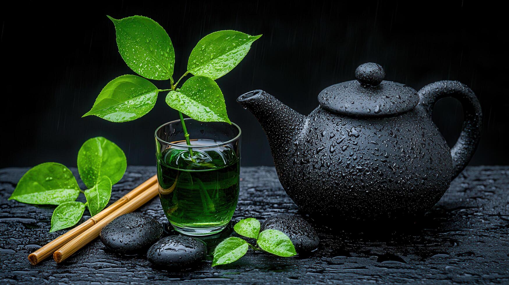 Serene Tea Ceremony Still Life Black Teapot Green Tea Plant Rain Drops Zen Stones photo