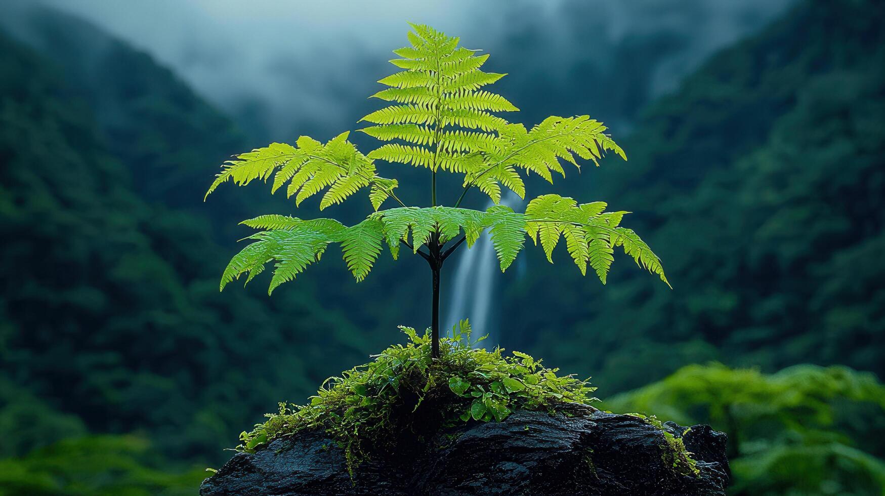Lush Green Fern Plant Growing on Mossy Rock with Waterfall Background Tranquil Nature Scene photo