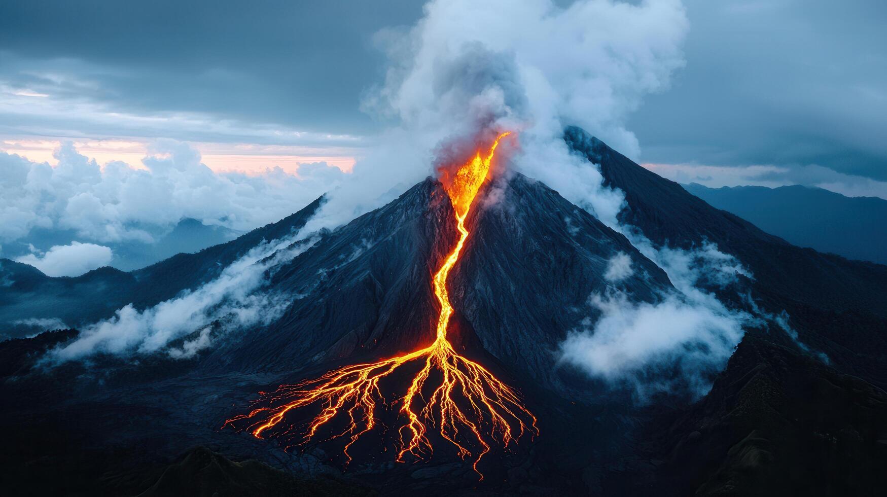 Majestic Volcano Eruption at Dusk Dramatic Lava Flow Stunning Mountain Landscape photo