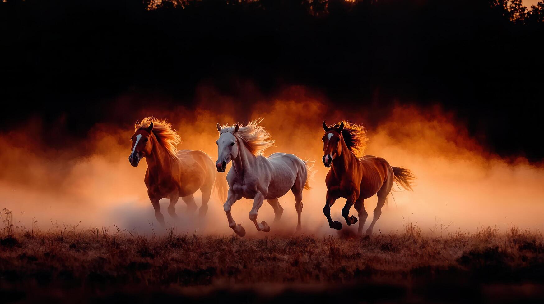 Majestic Horses Galloping at Sunset in a Dusty FieldThree Beautiful Horses Running Wild at Golden Hour photo