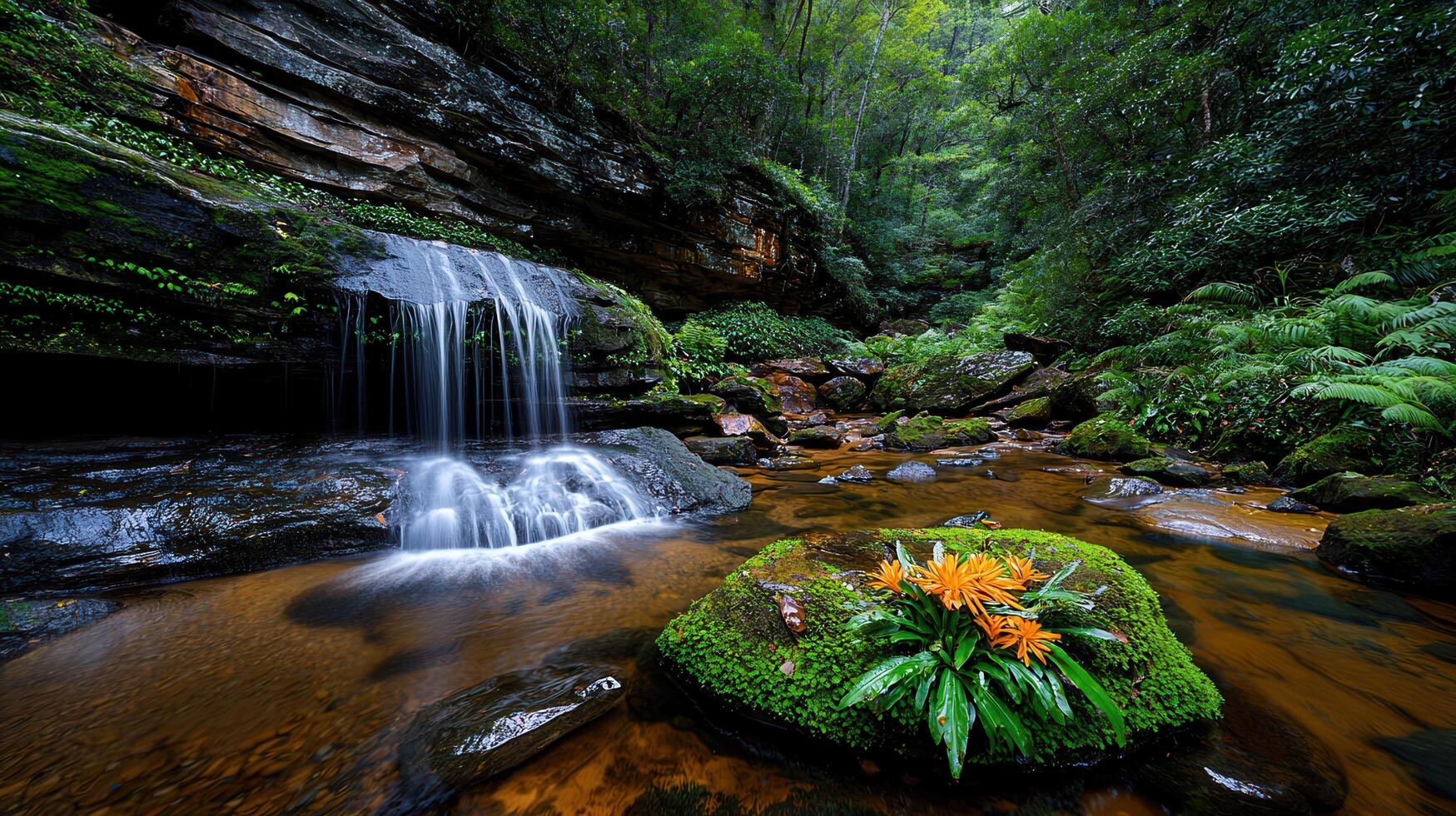 Serene Waterfall in Lush Rainforest Peaceful Nature Scene Tranquil Creek with Orange Flowers photo