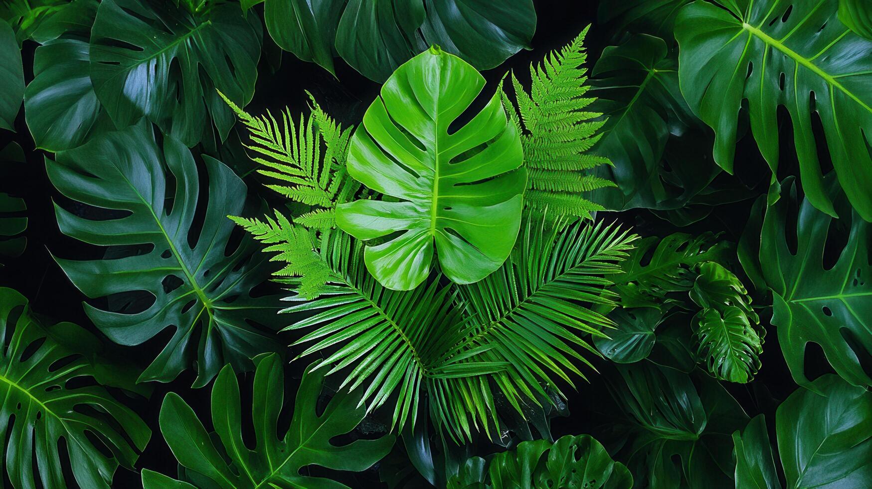 Lush Green Tropical Foliage Background Featuring Monstera and Fern Leaves Perfect for Nature and Botanical Designs photo