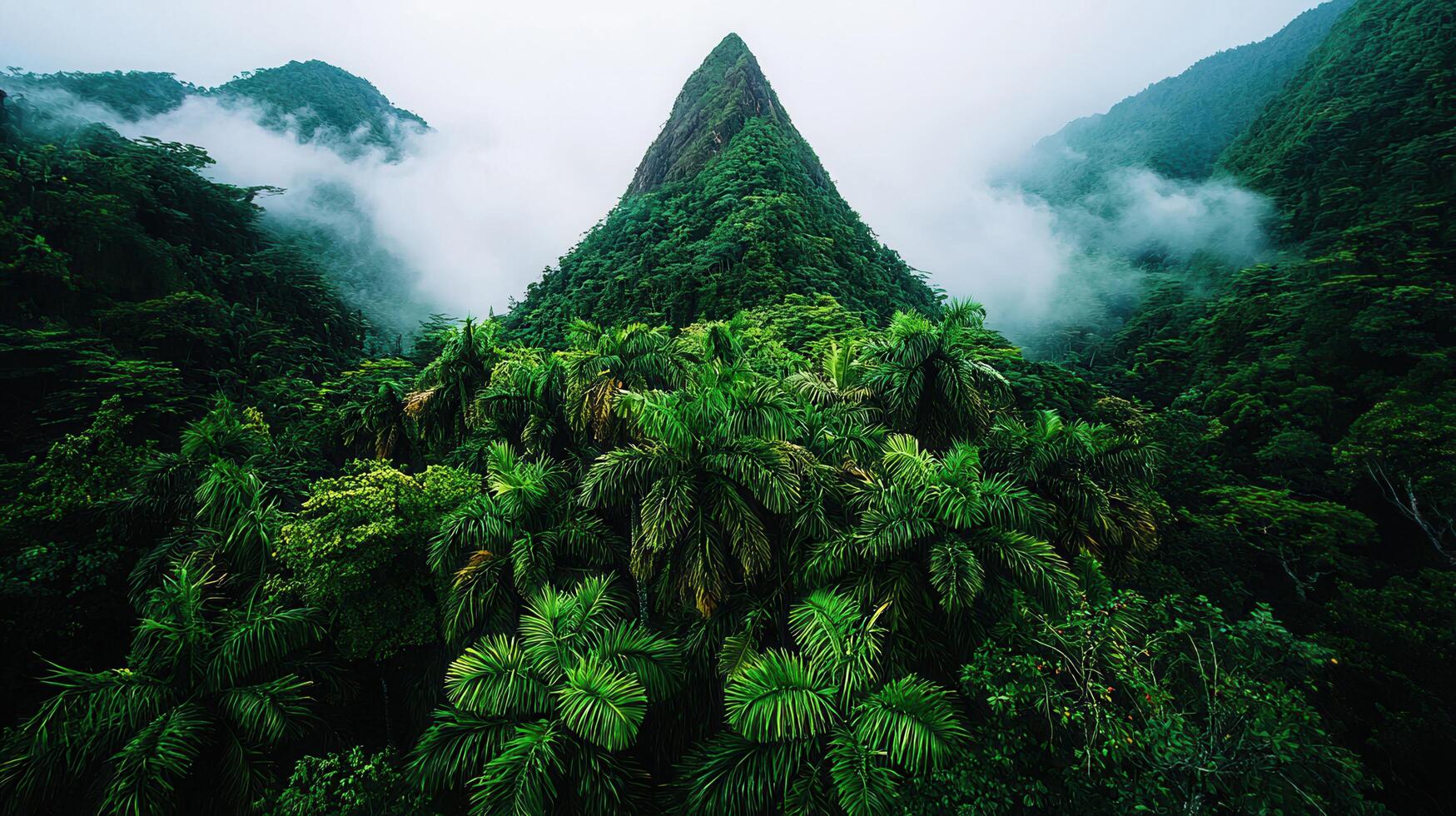 Lush Tropical Rainforest Landscape with Majestic Mountain Peak Hidden in Clouds photo