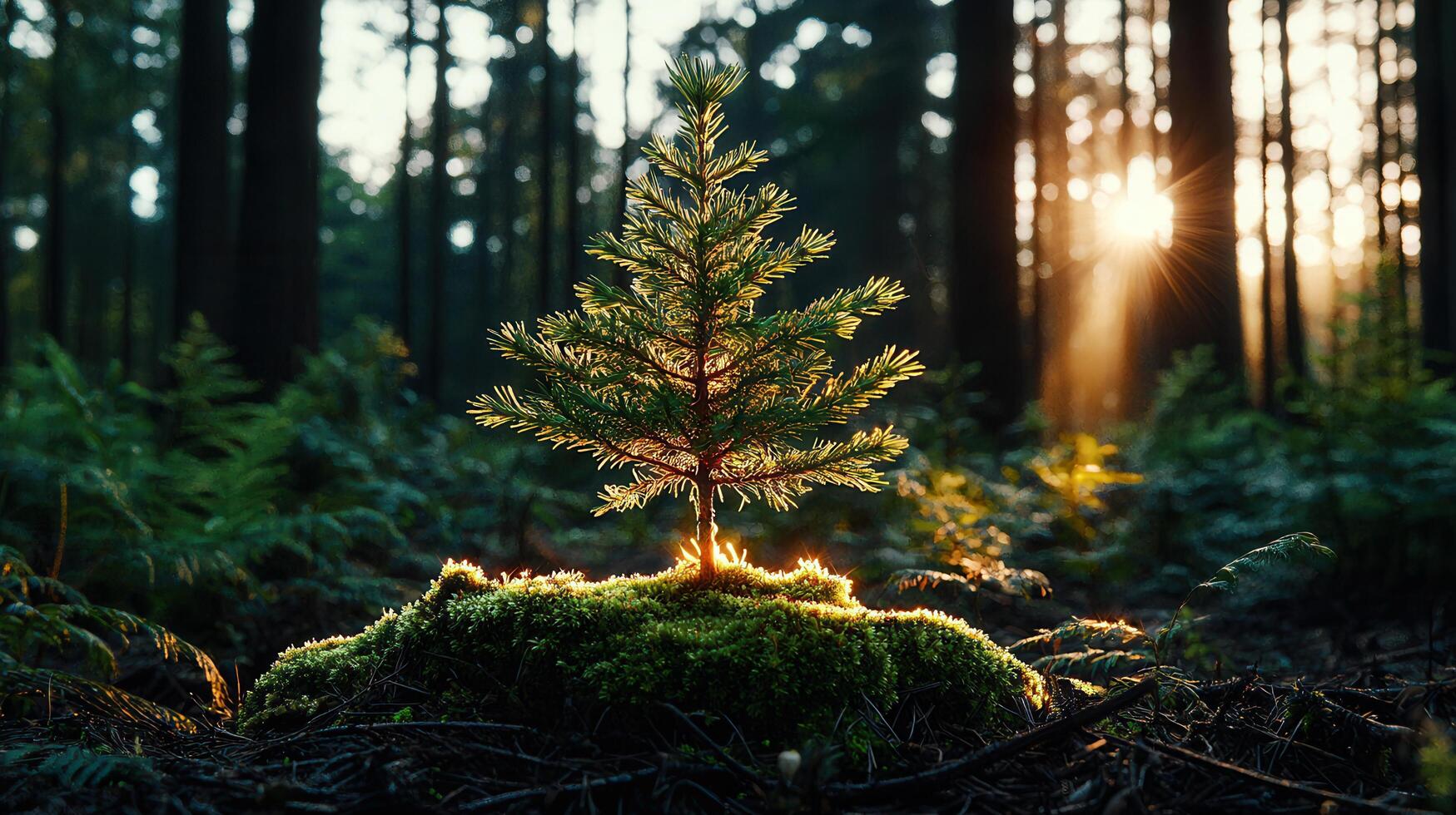 Young Evergreen Sapling Growing in a Sunlit Forest at Dawn A Small Conifer Tree in Moss photo