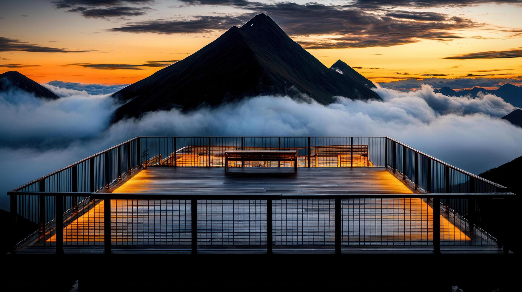 Majestic Mountain Peak Sunrise View from a Scenic Deck Illuminated at Dawn photo