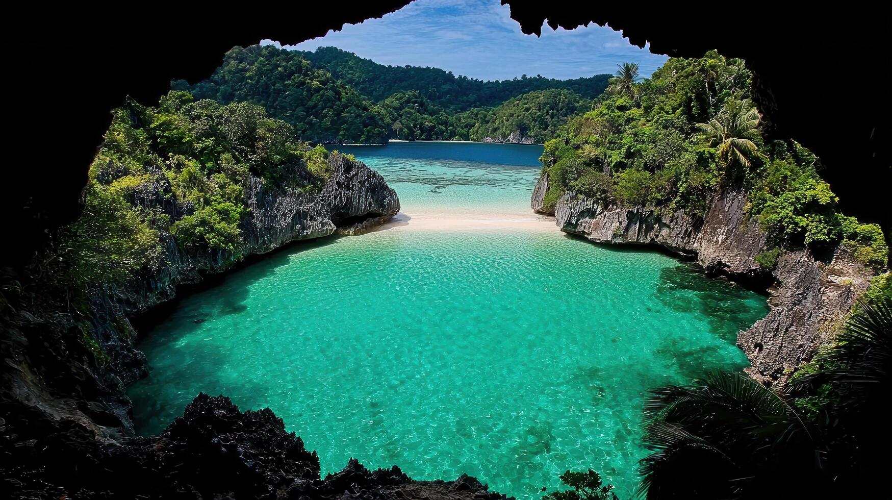 Secluded Tropical Beach Paradise Seen from a Cave Hidden Cove Turquoise Water Clear Ocean photo
