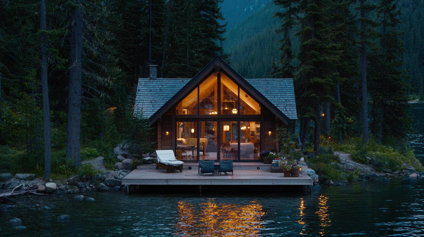 Luxurious Lakeside Cabin Retreat at Dusk Secluded Wooden A Frame Home with Lake View photo
